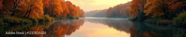 Obraz Reflections of amber and orange hues on the calm river surface, trees, river