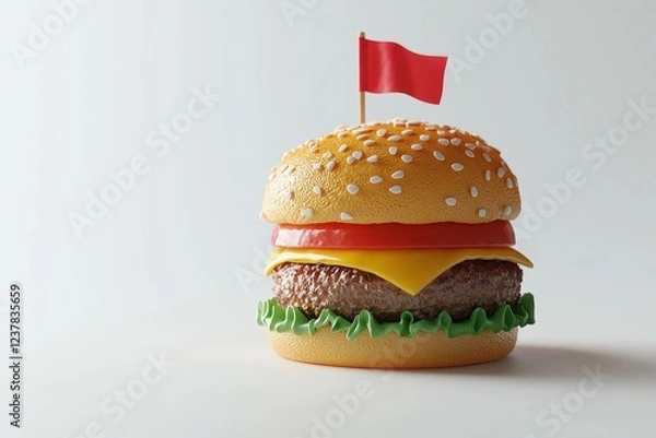 Obraz A vibrant cheeseburger toy with a sesame seed bun, lettuce, cheese, and a decorative flag on top, set against a simple background.