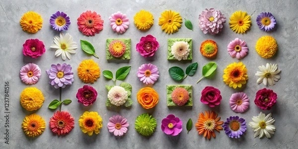 Obraz Colorful Flower Flat Lay: Vibrant Floral Pattern on Gray Background