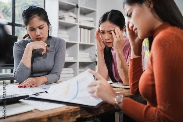 Obraz Asian people, frustrated businesswoman sits at desk, grappling with challenges of her startup, acknowledging failure, and seeking ways to learn and grow. team meeting. blamed