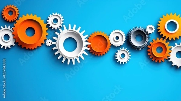 Obraz Interlocking Gears Teamwork Collaboration Concept Orange White Blue Background