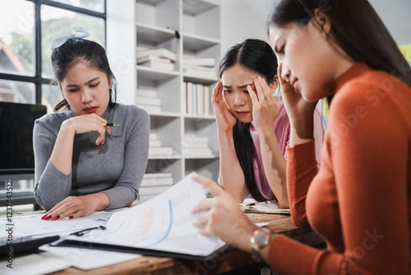 Fototapeta Asian people, frustrated businesswoman sits at desk, grappling with challenges of her startup, acknowledging failure, and seeking ways to learn and grow. team meeting. blamed