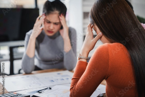 Obraz Asian people, frustrated businesswoman sits at desk, grappling with challenges of her startup, acknowledging failure, and seeking ways to learn and grow. team meeting. blamed