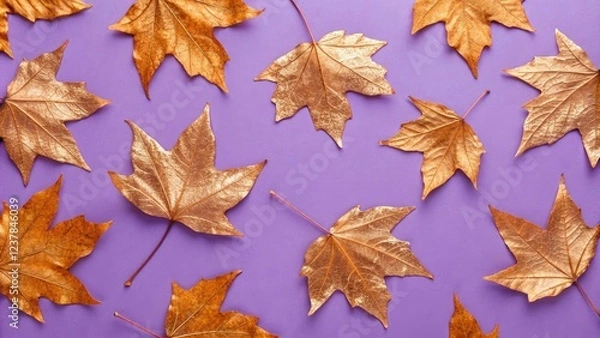 Fototapeta Pattern of dry orange metallic leaves on violet background, metallic colors, leaf arrangements, abstract nature