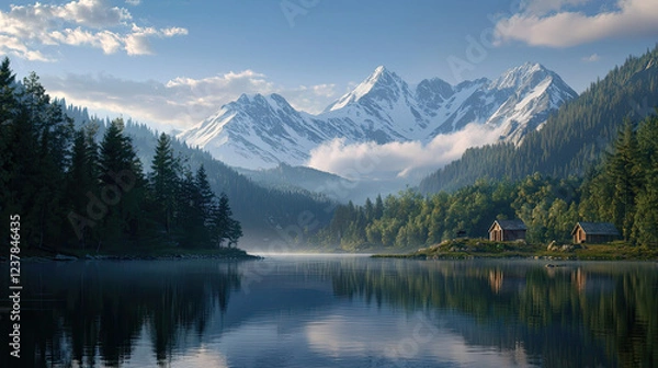 Fototapeta Serene mountain landscape with lake and cabins