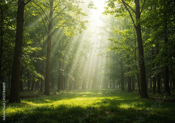 Fototapeta stunning forest landscape with sunbeams illuminating the clearing . Generative AI