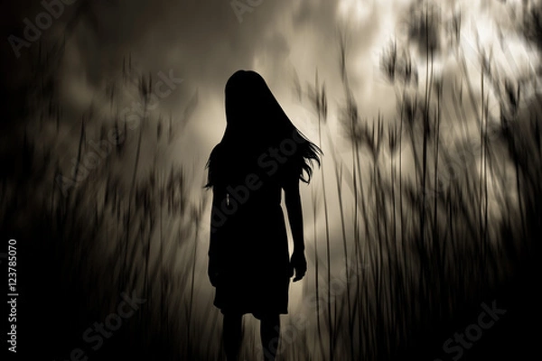 Fototapeta Girl walking in the woods,Horror Background For Halloween Concept And Movie Poster Project