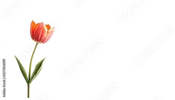 Fototapeta Vibrant tulip with orange and pink petals standing alone against a white background