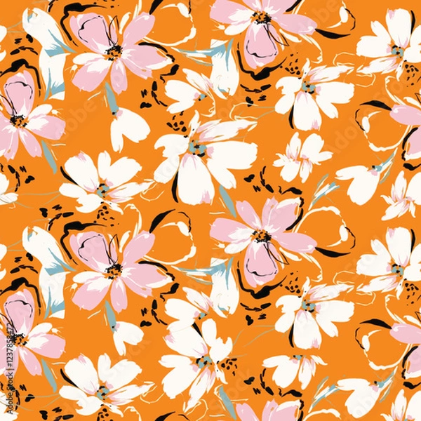 Fototapeta A seamless floral pattern featuring hand-painted brushstroke flowers in white and pink on a bold orange background. Modern botanical design perfect for textiles, fashion, wallpapers, and decor