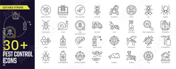 Obraz Pest Control Stroke icon collections. Containing Pest Control, Eco Friendly, Termite, Scorpion, Toxic, Fly Spider, Pest Management, Service and more icons. Editable Stroke icon collection Outline icon