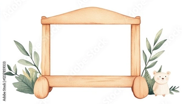 Fototapeta Playful wooden frame surrounded by greenery and a cute bear, ideal for children's artwork display