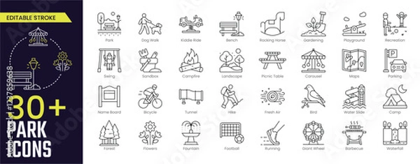 Obraz Park Stroke icon collections. Containing Park, Dog Walk, Kiddie Ride, Bench, Rocking, Horse, Gardening, Playground, Recreation and more icons. Editable Stroke icon collection Outline icon