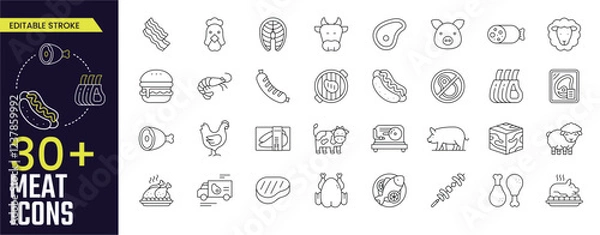 Obraz Meat Stroke icon collections. Containing food related icons: chicken, fish, meat, octopus, beef, and infographics, and more icons. Editable Stroke icon collection Outline icon