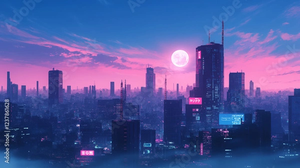 Fototapeta 静寂の夜｜ネオンが灯る都会の月夜風景