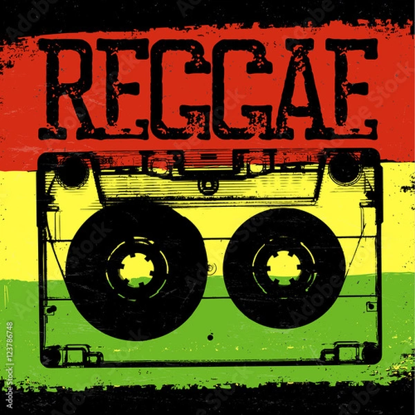Fototapeta Audiocassette and Reggae lettering. Vector reggae design with au