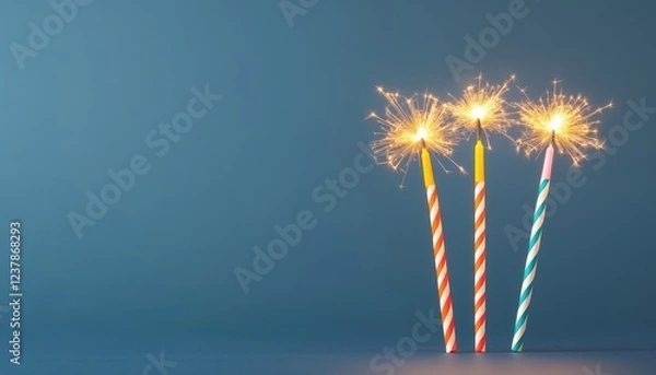 Fototapeta Three colorful birthday candles with sparklers glowing against a blue background, celebrating joy