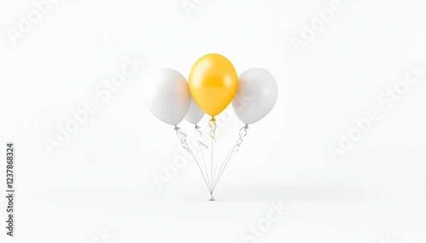Fototapeta Three colorful balloons, two white and one yellow, floating together against a plain background
