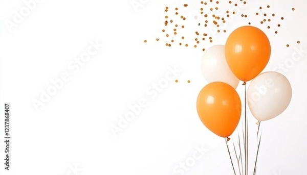 Fototapeta Colorful balloons in orange and white float against a bright background with confetti falling
