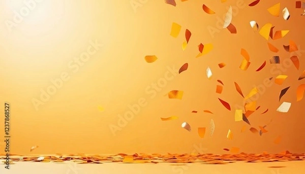 Fototapeta Colorful confetti falling against a warm orange background, creating a festive atmosphere