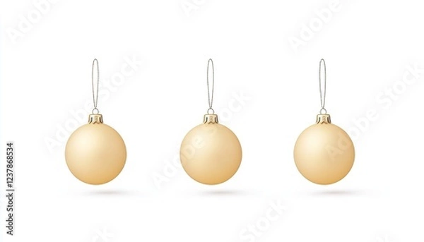 Fototapeta Three golden Christmas ornaments hanging in a row against a white background, ideal for festive decor
