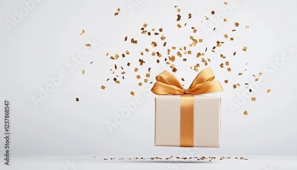 Fototapeta Elegant gift box with golden ribbon and confetti floating against a minimalist background