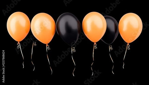 Fototapeta A festive arrangement of orange and black balloons floating against a dark background, ideal for celebrations