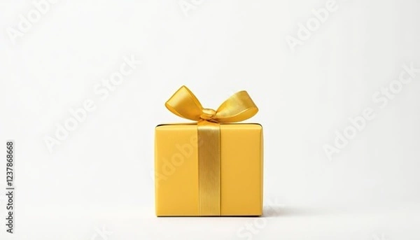 Fototapeta A vibrant yellow gift box with a shiny ribbon, set against a clean white background, ideal for celebrations