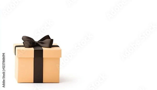 Fototapeta A beautifully wrapped gift box with a black ribbon, set against a minimalistic white background