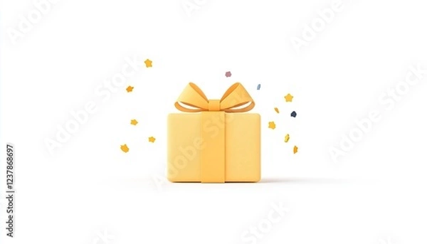Fototapeta Bright yellow gift box with a bow surrounded by colorful confetti on a white background