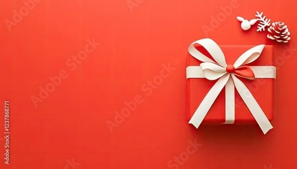Fototapeta A beautifully wrapped red gift box adorned with a white ribbon, set against a vibrant red background, evoking festive cheer