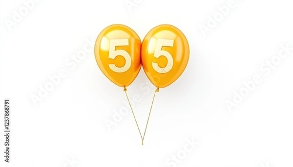 Fototapeta Two vibrant orange balloons with the number 55, floating against a clean white background