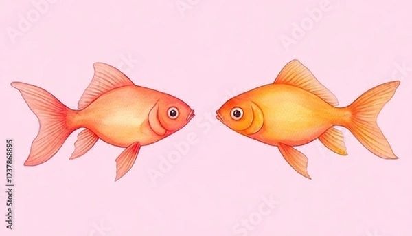 Fototapeta Two colorful goldfish facing each other against a soft pink background, symbolizing connection