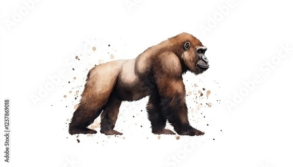 Fototapeta Realistic illustration of a standing gorilla with artistic splashes on a white background