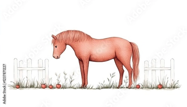 Fototapeta A whimsical illustration of a pink horse standing beside a white picket fence with apples
