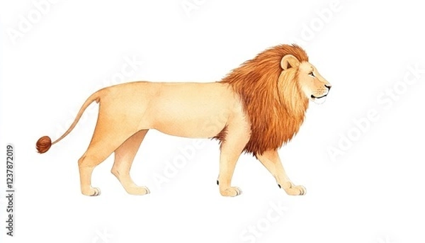 Fototapeta Majestic lion walking gracefully across a plain background, showcasing its strength and beauty