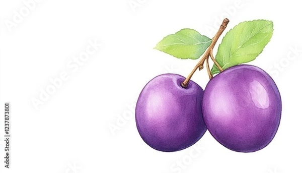 Fototapeta Two ripe purple plums with green leaves on a white background, ideal for food-related designs