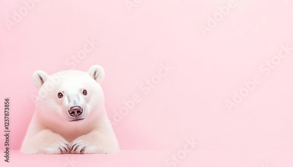 Fototapeta A curious polar bear resting on a pink background, evoking a playful and whimsical atmosphere