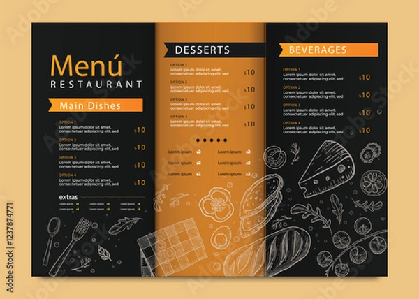 Fototapeta Pizza restaurant menu layout design brochure or food flyer template vector illustration. Pizzeria logo with vintage typographic decoration elements and fast food graphics.