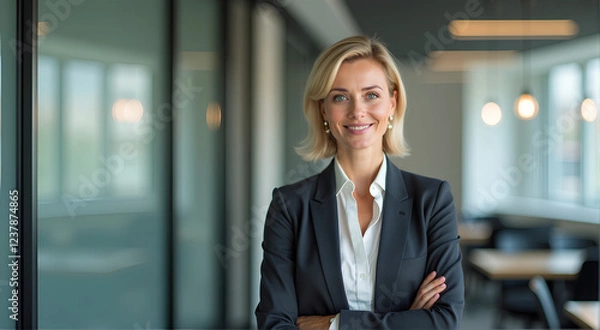 Fototapeta Portrait of a professional woman short haired in a suit standing in a modern office. Mature business woman looking at the camera in a workplace meeting area