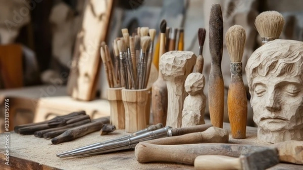 Fototapeta Sculptor's Workshop: A collection of carving tools and unfinished sculptures rests on a workbench, showcasing the artist's process and the textures of wood and stone.