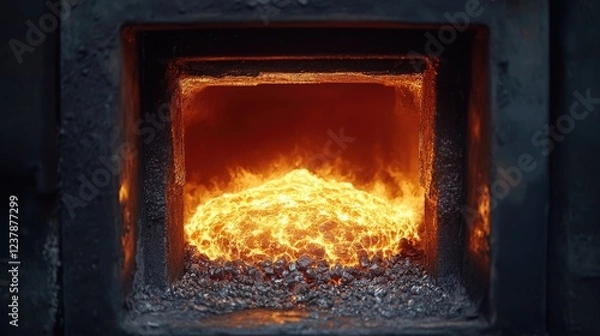 Fototapeta A close-up of an industrial furnace with glowing molten iron inside, reflecting the intense heat and precision of the metalworking process