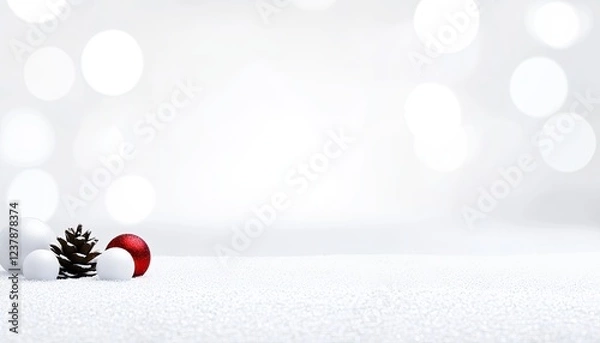 Fototapeta Festive winter scene featuring pine cone and ornaments on snowy surface with blurred lights