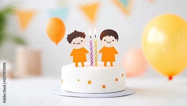 Fototapeta Colorful birthday cake with candles and cheerful decorations, featuring playful figures celebrating