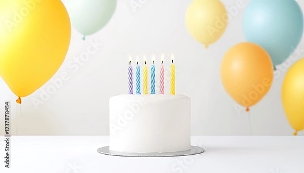 Fototapeta A beautifully decorated birthday cake with colorful candles, set against a festive backdrop of balloons