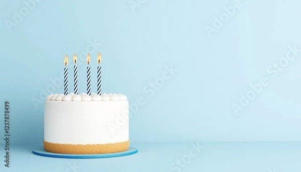 Fototapeta A decorated birthday cake with candles on a blue background, perfect for celebration imagery
