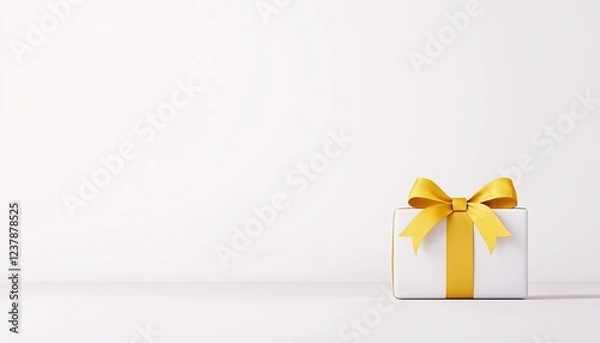 Fototapeta A beautifully wrapped white gift box with a yellow ribbon on a minimalistic white background