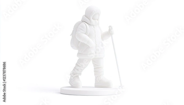 Fototapeta White figurine of a hiker with a backpack and walking stick, set against a plain background