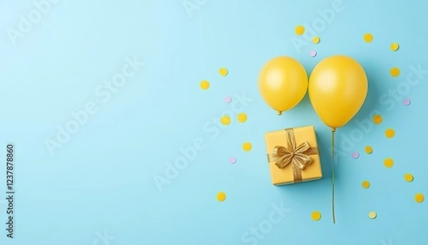 Fototapeta Bright yellow balloons and a gift box with confetti on a light blue background, celebrating a festive occasion