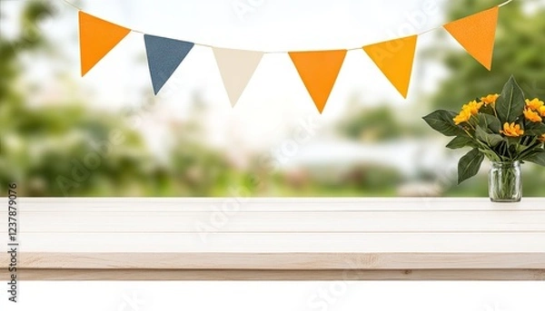 Fototapeta Colorful bunting decorates a bright outdoor setting with a flower vase on a wooden table