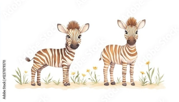 Fototapeta Two adorable zebra foals standing in a grassy area with flowers, showcasing their playful nature